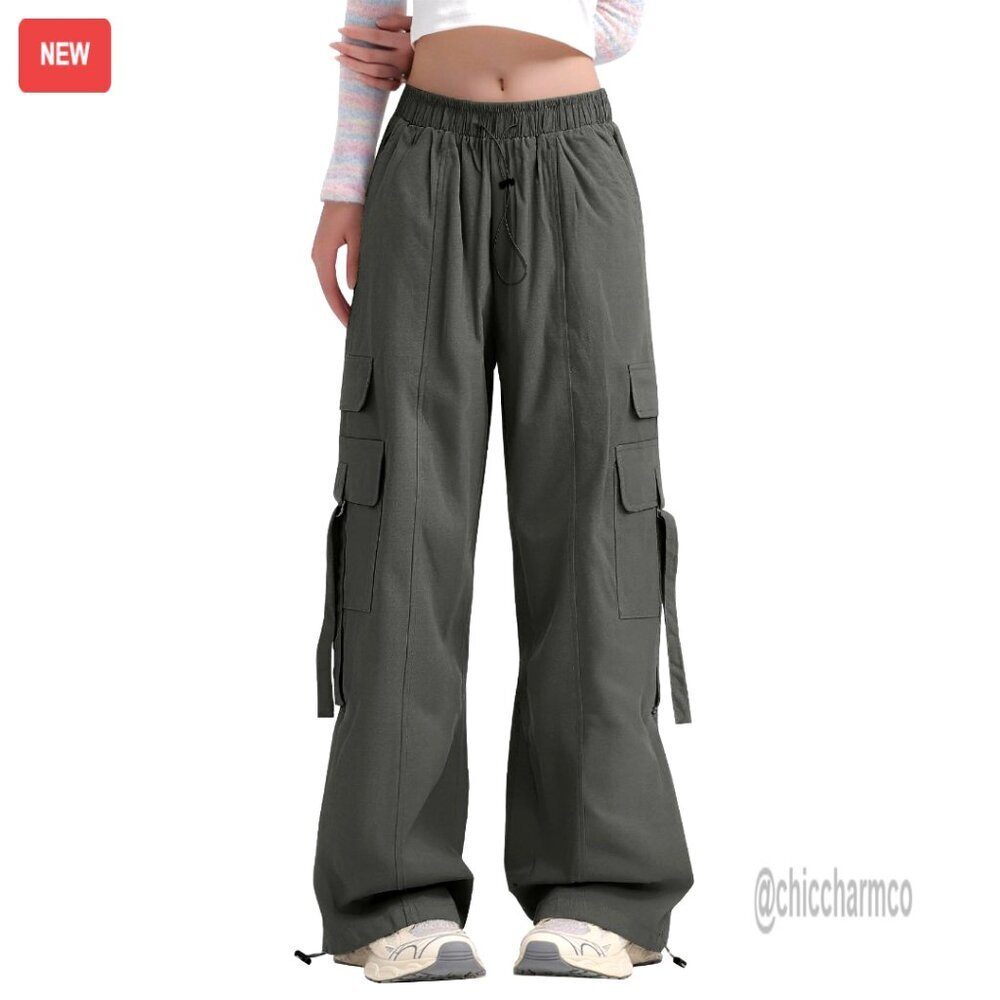 High-Waist Wide Leg Cargo Pants with Drawstring, Y2K Streetwear Style